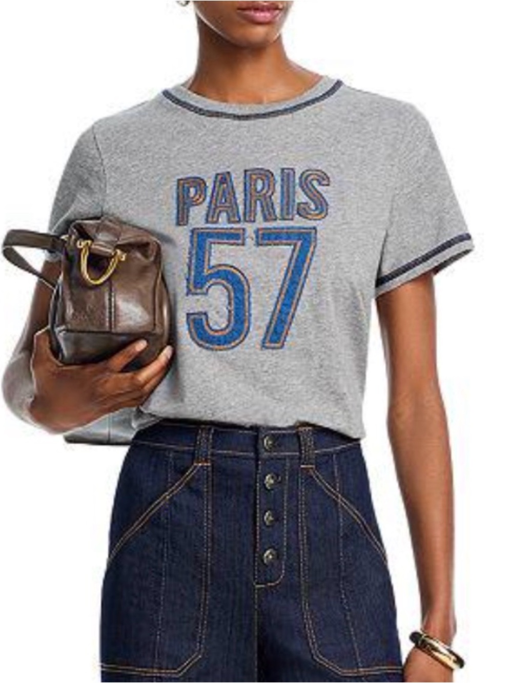Cinq à Sept Trapunto Denim Paris 57 Graphic Tee Heather Gray NWOT Small - Picture 1 of 8